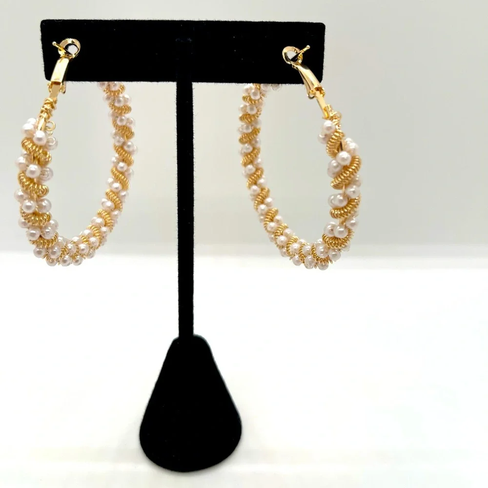 Gold Twisted Pearl Hoop Earrings | Braided Rope Style Elegant